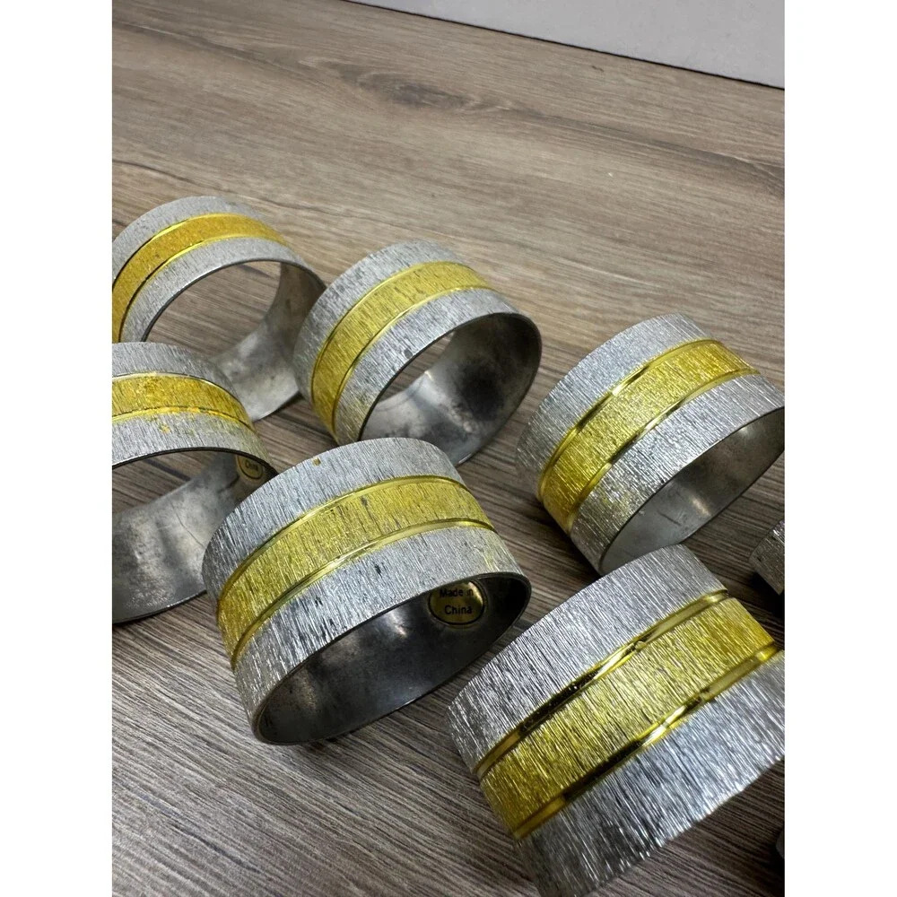 Vintage Mixed Metal Brushed Texture Napkin Rings Silver and Gold Set of 8